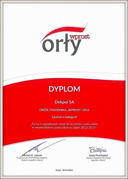 Dekpol wyróżniony tytułem Orły Tygodnika „Wprost” 2016 BIZNES, Firma - Dekpol został wyróżniony prestiżowym tytułem Orły Tygodnika „Wprost” 2016 przyznawanym najbardziej dochodowym i dynamicznym przedsiębiorstwom. Uroczystość wręczenia nagród dla firm z regionu pomorskiego odbyła się na regionalnej gali zorganizowanej w Sopocie.