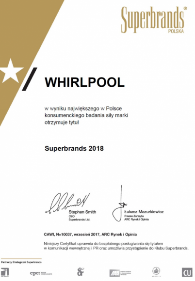 Whirlpool laureatem nagrody Superbrands 2018 BIZNES, Firma - Firma Whirlpool została laureatem nagrody Superbrands 2018 w kategorii Elektronika Konsumencka i AGD – sprzęt AGD. O przyznaniu wyróżnienia zadecydowali konsumenci.