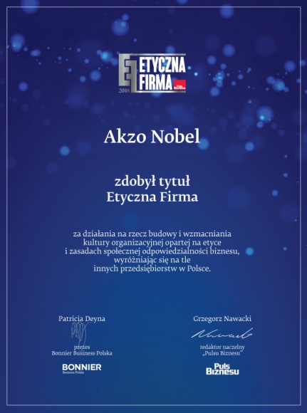 AkzoNobel z tytułem Etyczna Firma 2018 BIZNES, Firma - AkzoNobel, lider produkcji farb i lakierów, został nagrodzony w konkursie dziennika Puls Biznesu – Etyczna Firma 2018. Przedsiębiorstwo doceniono za działania na rzecz budowy i wzmacniania kultury organizacyjnej, opartej na etyce i zasadach społecznej odpowiedzialności biznesu.